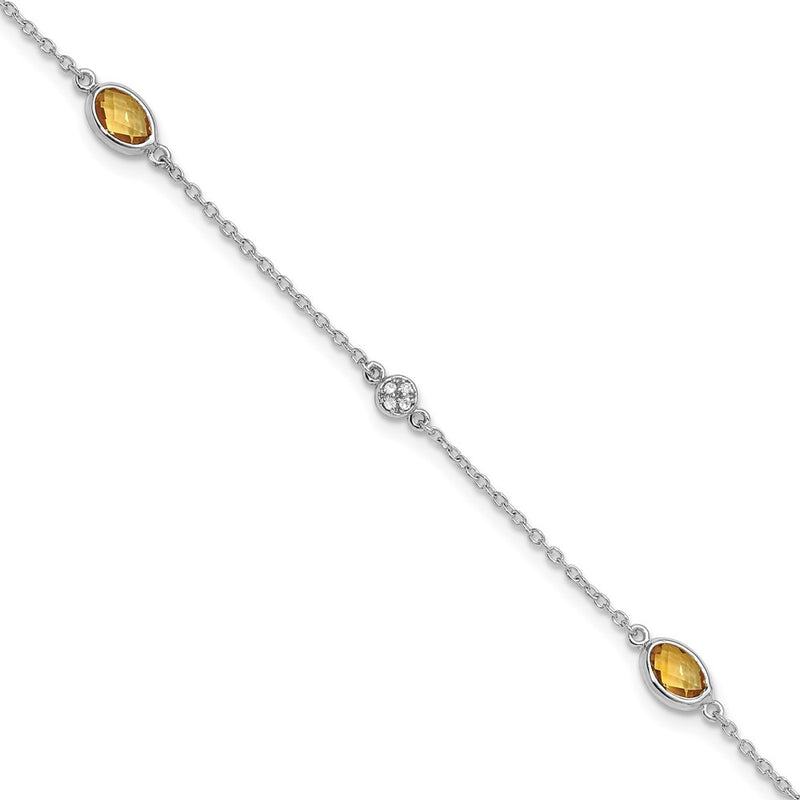 Sterling Silver Rhodium Plated White Ice Diamond and Citrine with 1.25 in Ext Bracelet