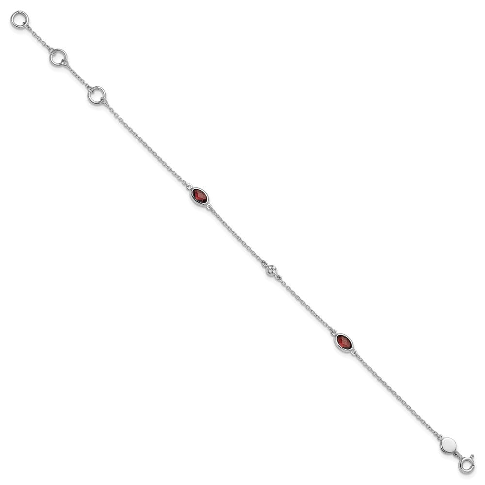 Sterling Silver Rhodium Plated White Ice Diamond and Garnet with 1.25 in Ext Bracelet