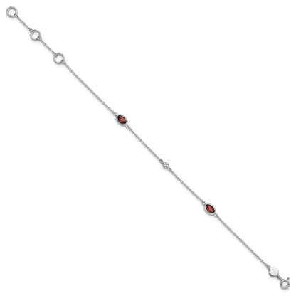 Sterling Silver Rhodium Plated White Ice Diamond and Garnet with 1.25 in Ext Bracelet