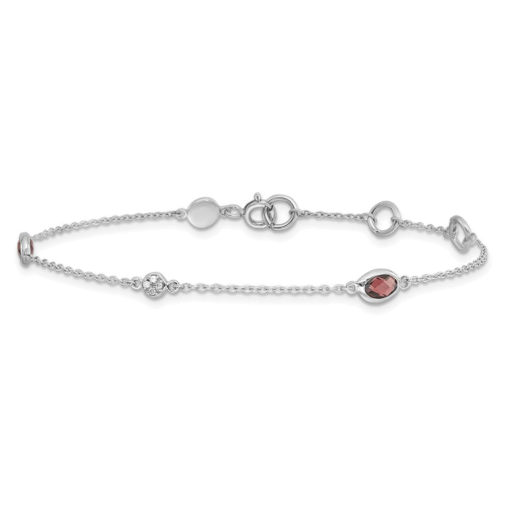 Sterling Silver Rhodium Plated White Ice Diamond and Garnet with 1.25 in Ext Bracelet
