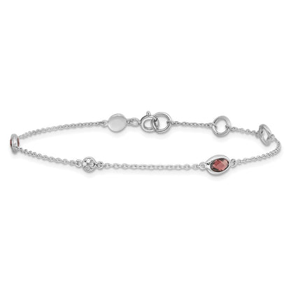 Sterling Silver Rhodium Plated White Ice Diamond and Garnet with 1.25 in Ext Bracelet