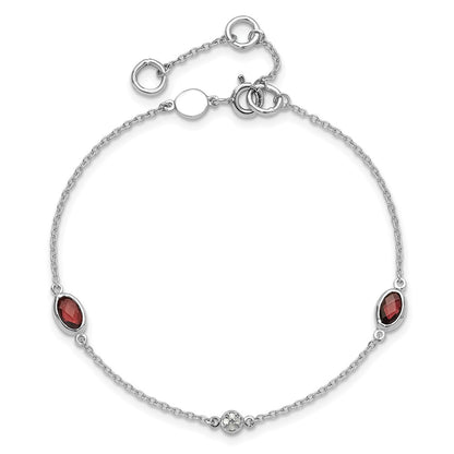 Sterling Silver Rhodium Plated White Ice Diamond and Garnet with 1.25 in Ext Bracelet