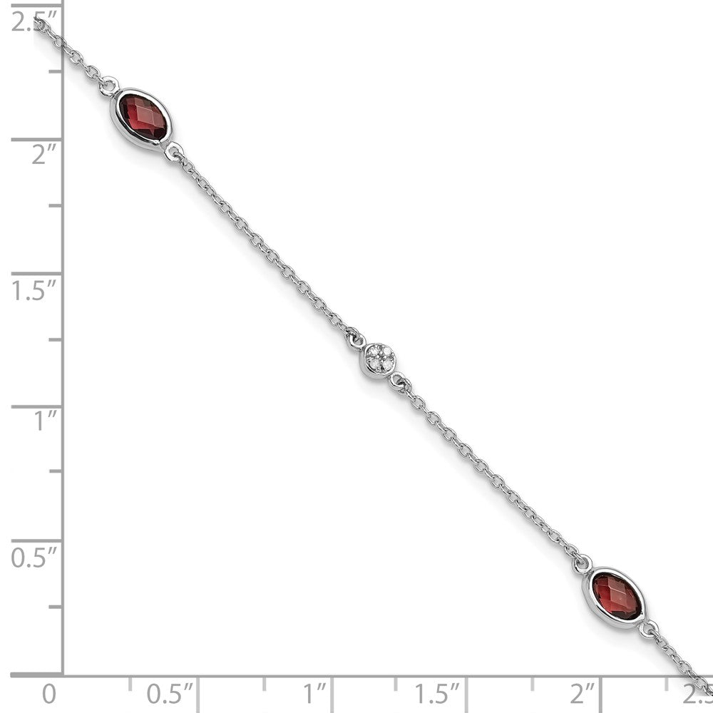 Sterling Silver Rhodium Plated White Ice Diamond and Garnet with 1.25 in Ext Bracelet