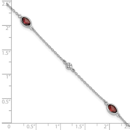 Sterling Silver Rhodium Plated White Ice Diamond and Garnet with 1.25 in Ext Bracelet