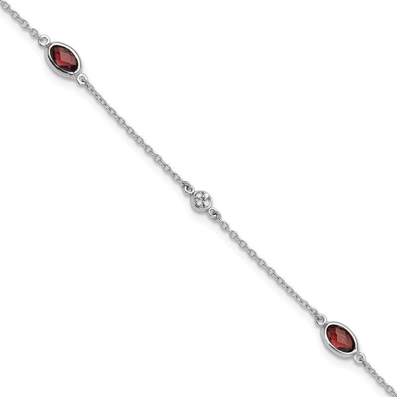 Sterling Silver Rhodium Plated White Ice Diamond and Garnet with 1.25 in Ext Bracelet