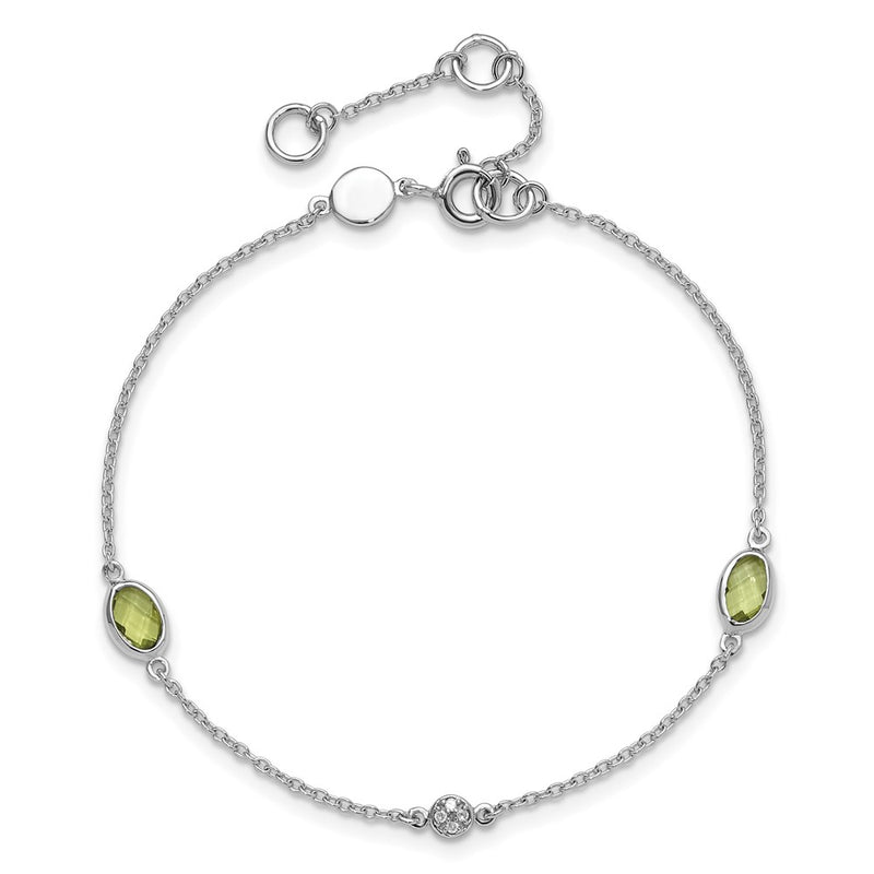 Sterling Silver Rhodium Plated White Ice Diamond and Peridot with 1.25 in Ext Bracelet