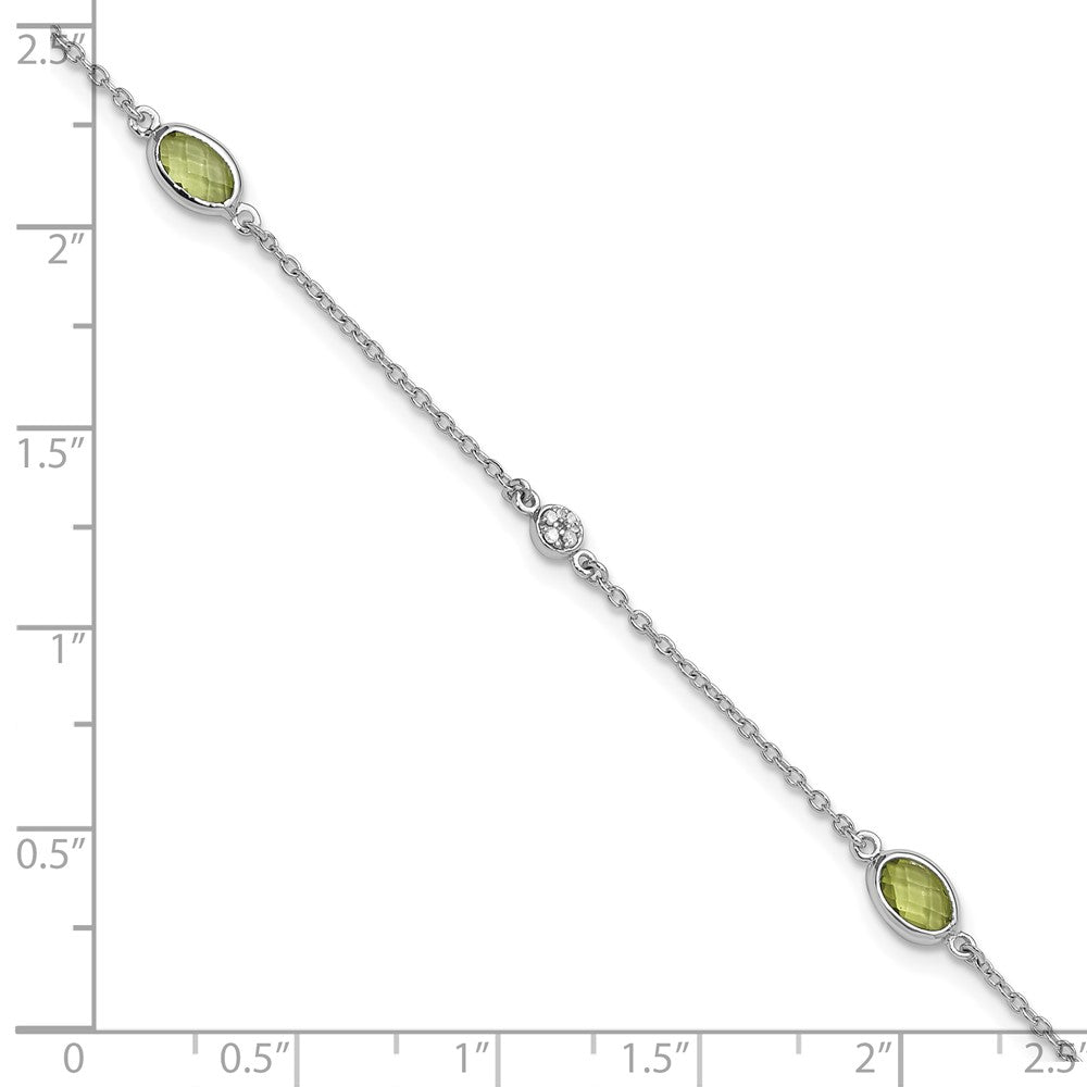 Sterling Silver Rhodium Plated White Ice Diamond and Peridot with 1.25 in Ext Bracelet