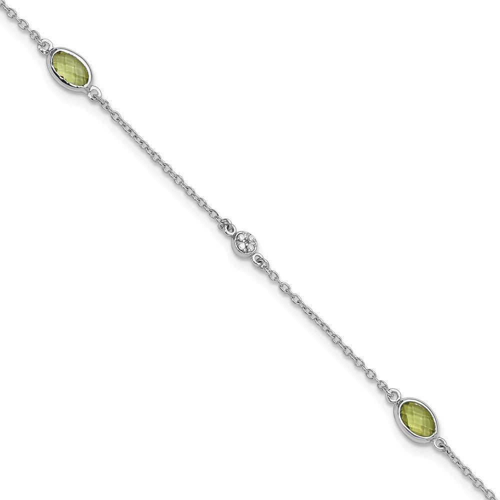 Sterling Silver Rhodium Plated White Ice Diamond and Peridot with 1.25 in Ext Bracelet