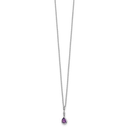 Sterling Silver Rhodium Plated White Ice .01 Ct. Diamond and Amethyst w/2IN Ext. Necklace