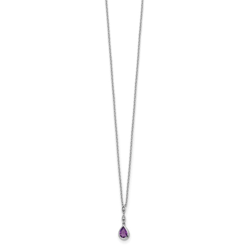 Sterling Silver Rhodium Plated White Ice .01 Ct. Diamond and Amethyst w/2IN Ext. Necklace