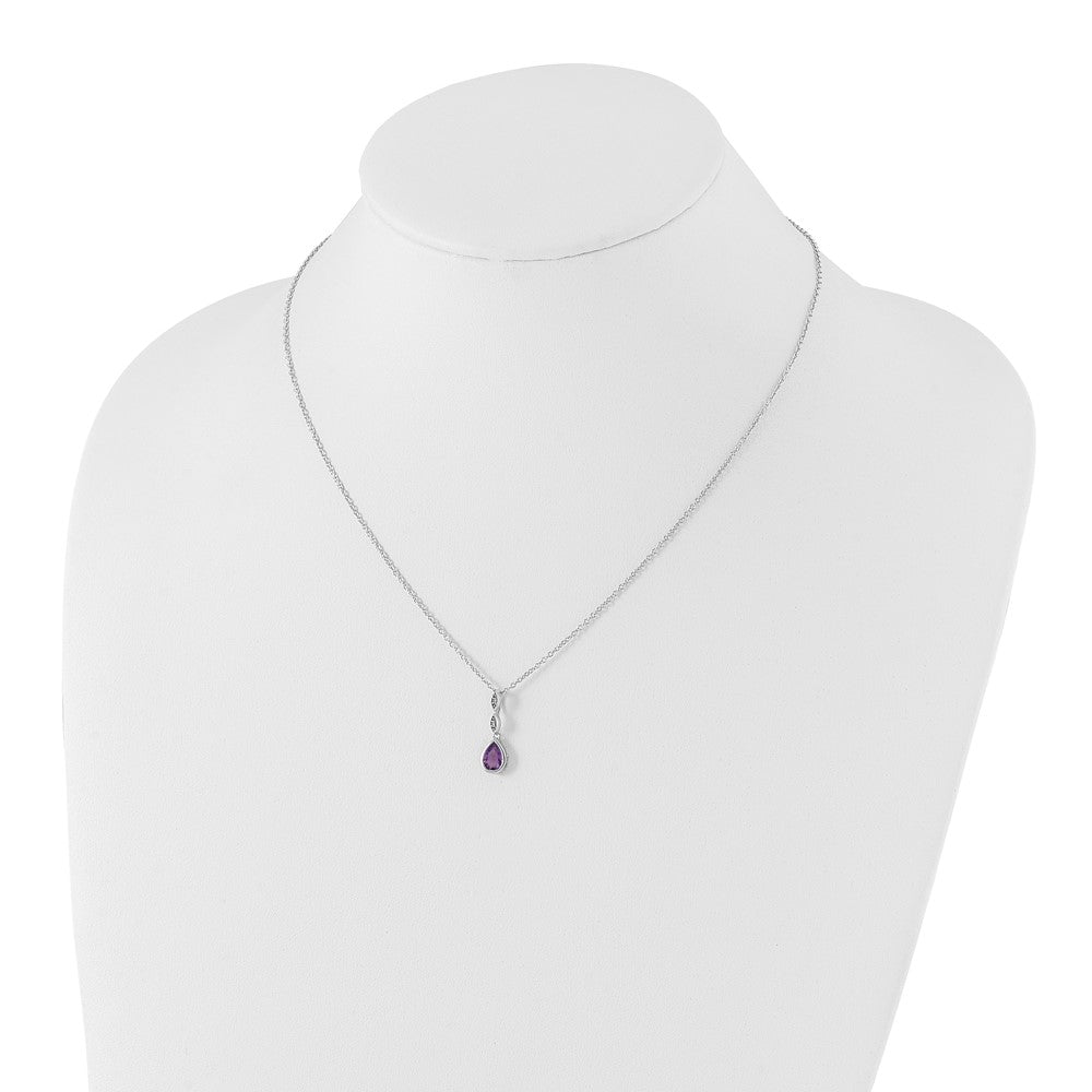 Sterling Silver Rhodium Plated White Ice .01 Ct. Diamond and Amethyst w/2IN Ext. Necklace