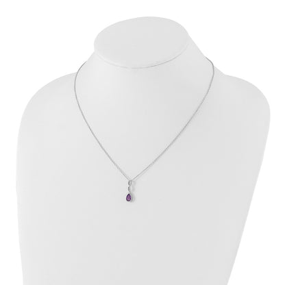 Sterling Silver Rhodium Plated White Ice .01 Ct. Diamond and Amethyst w/2IN Ext. Necklace