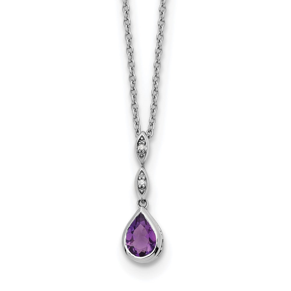 Sterling Silver Rhodium Plated White Ice .01 Ct. Diamond and Amethyst w/2IN Ext. Necklace