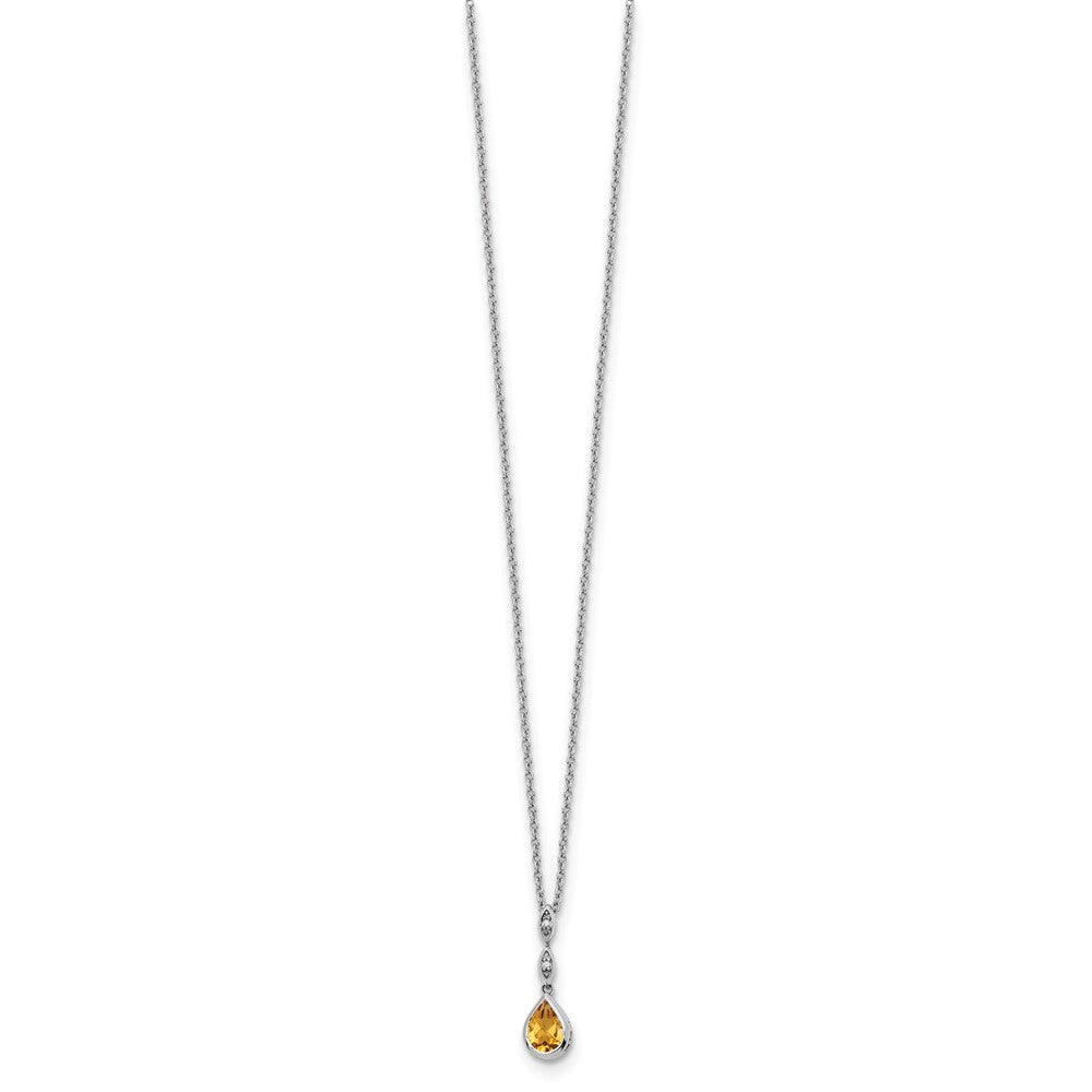Sterling Silver Rhodium Plated White Ice .01 Ct. Diamond and Citrine w/2IN Ext. Necklace