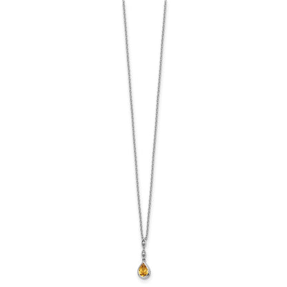 Sterling Silver Rhodium Plated White Ice .01 Ct. Diamond and Citrine w/2IN Ext. Necklace