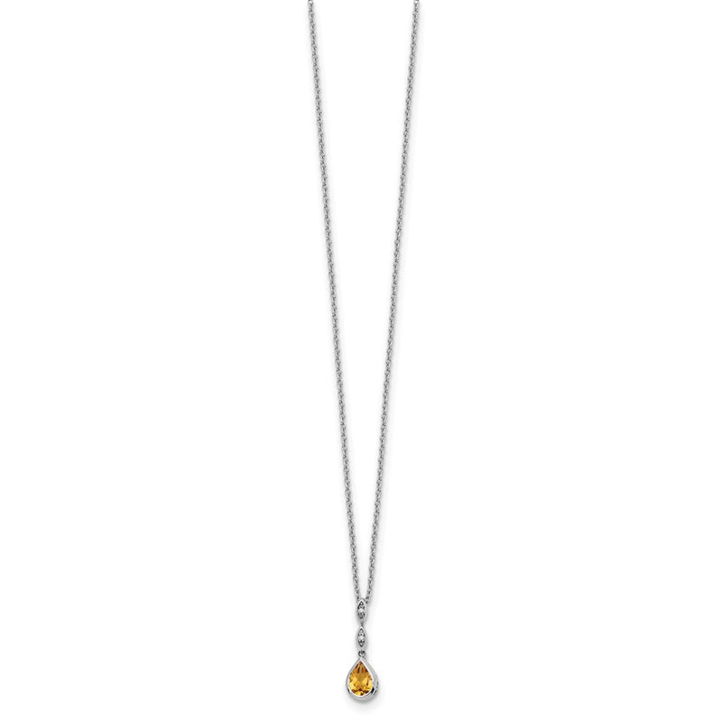 Sterling Silver Rhodium Plated White Ice .01 Ct. Diamond and Citrine w/2IN Ext. Necklace