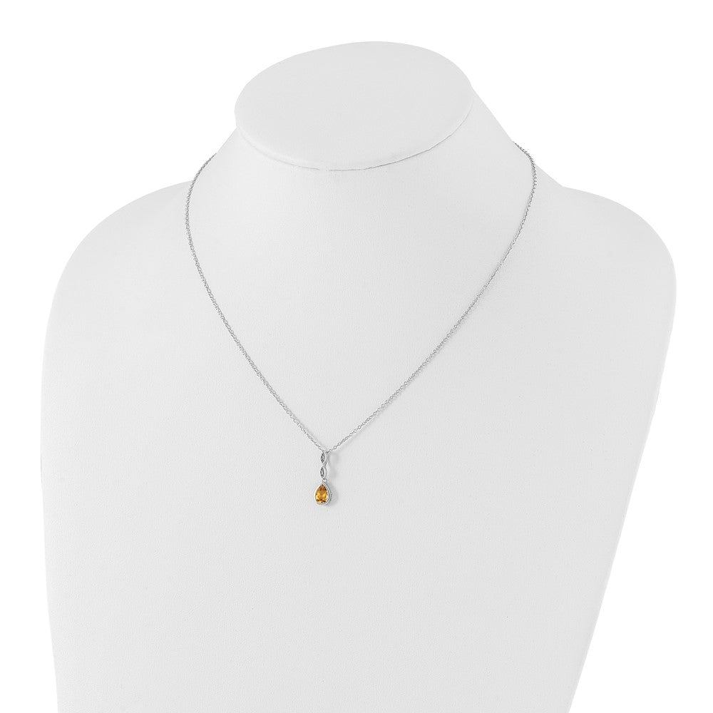 Sterling Silver Rhodium Plated White Ice .01 Ct. Diamond and Citrine w/2IN Ext. Necklace