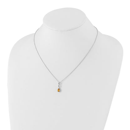 Sterling Silver Rhodium Plated White Ice .01 Ct. Diamond and Citrine w/2IN Ext. Necklace