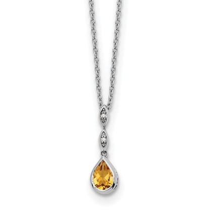 Sterling Silver Rhodium Plated White Ice .01 Ct. Diamond and Citrine w/2IN Ext. Necklace