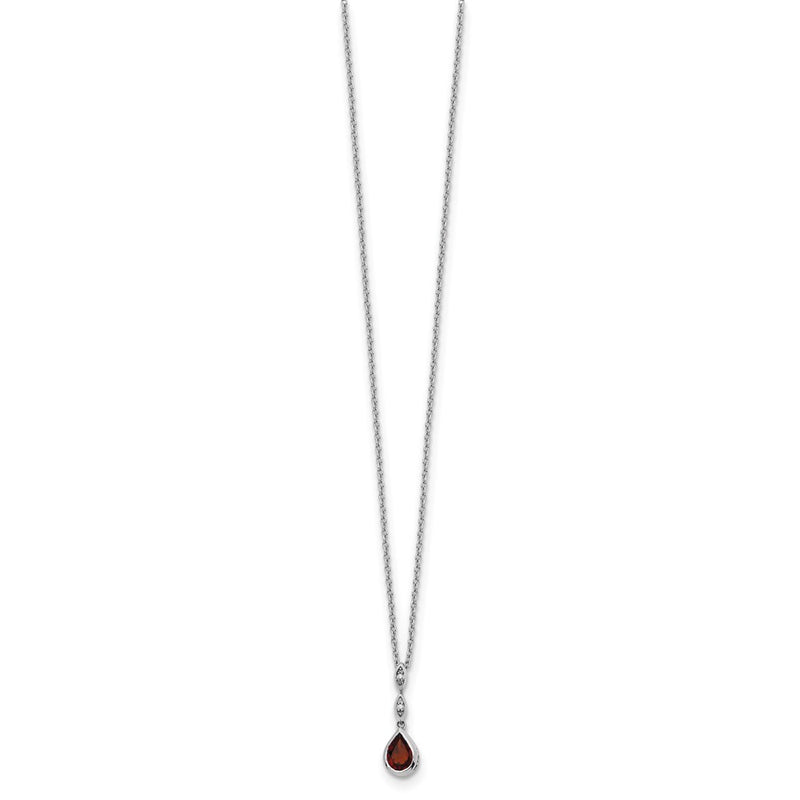 Sterling Silver Rhodium Plated White Ice .01 Ct. Diamond and Garnet w/2IN Ext. Necklace