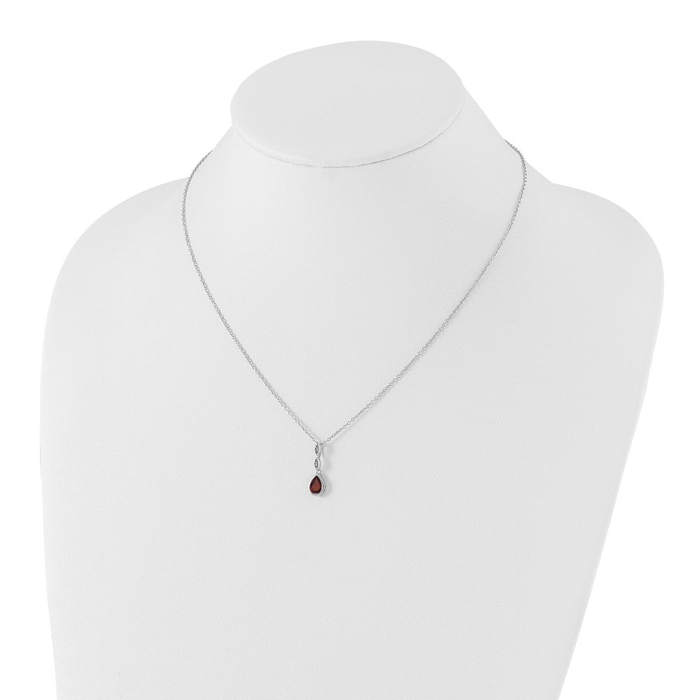 Sterling Silver Rhodium Plated White Ice .01 Ct. Diamond and Garnet w/2IN Ext. Necklace