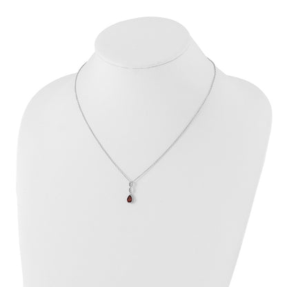Sterling Silver Rhodium Plated White Ice .01 Ct. Diamond and Garnet w/2IN Ext. Necklace
