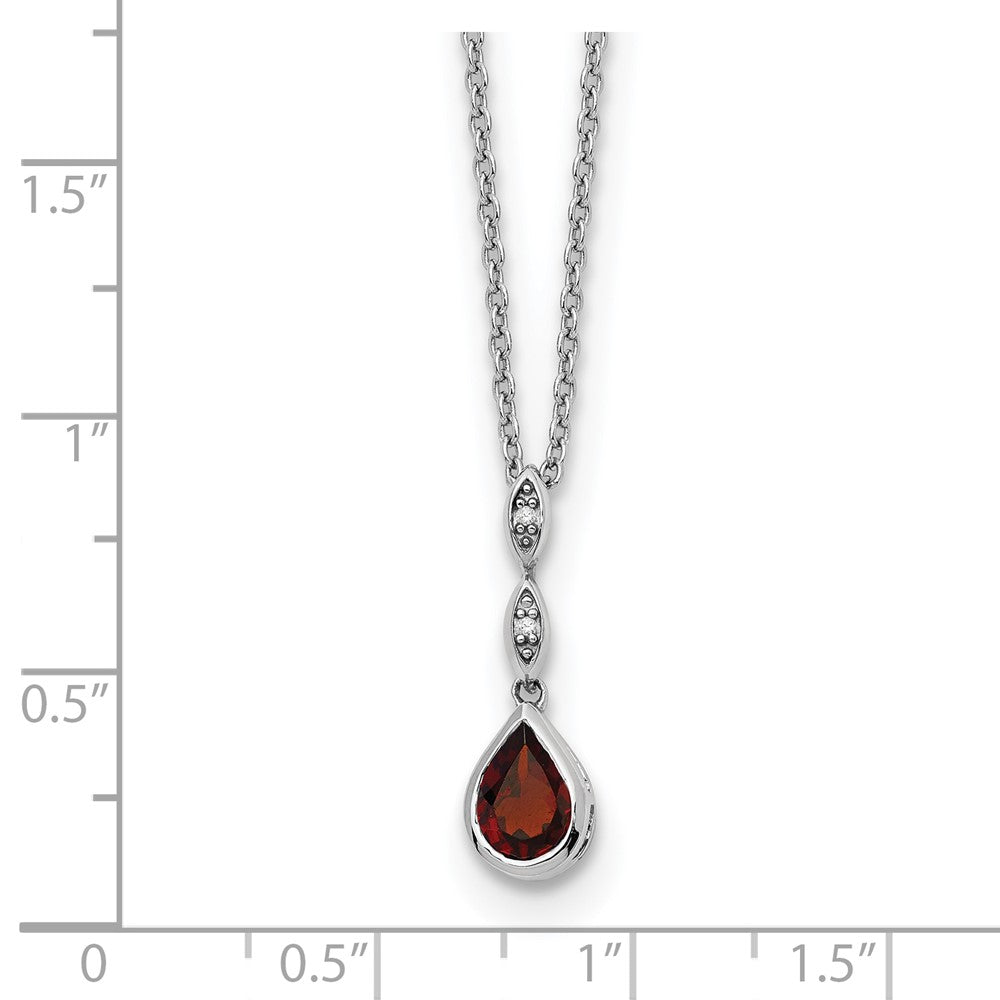 Sterling Silver Rhodium Plated White Ice .01 Ct. Diamond and Garnet w/2IN Ext. Necklace