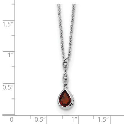 Sterling Silver Rhodium Plated White Ice .01 Ct. Diamond and Garnet w/2IN Ext. Necklace