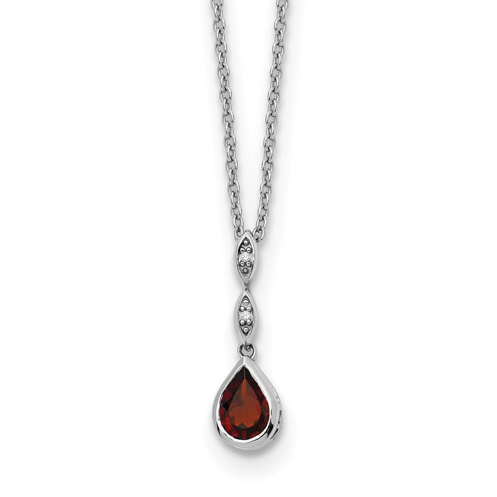 Sterling Silver Rhodium Plated White Ice .01 Ct. Diamond and Garnet w/2IN Ext. Necklace