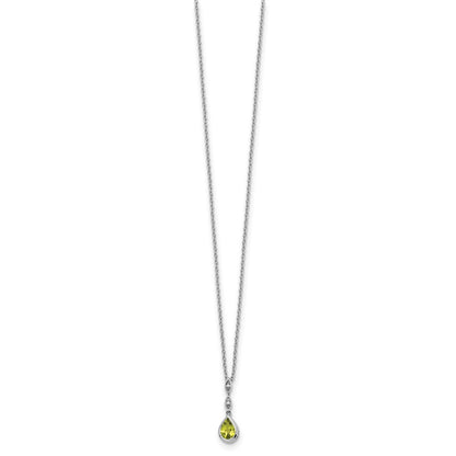 Sterling Silver Rhodium Plated White Ice .01 Ct. Diamond and Peridot w/2IN Ext. Necklace