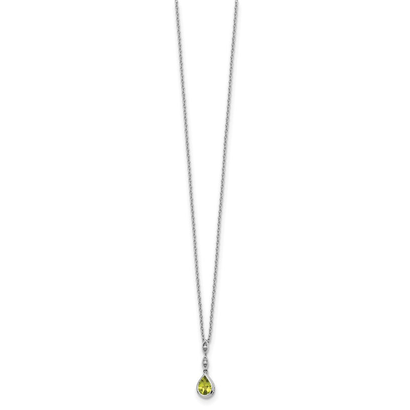 Sterling Silver Rhodium Plated White Ice .01 Ct. Diamond and Peridot w/2IN Ext. Necklace