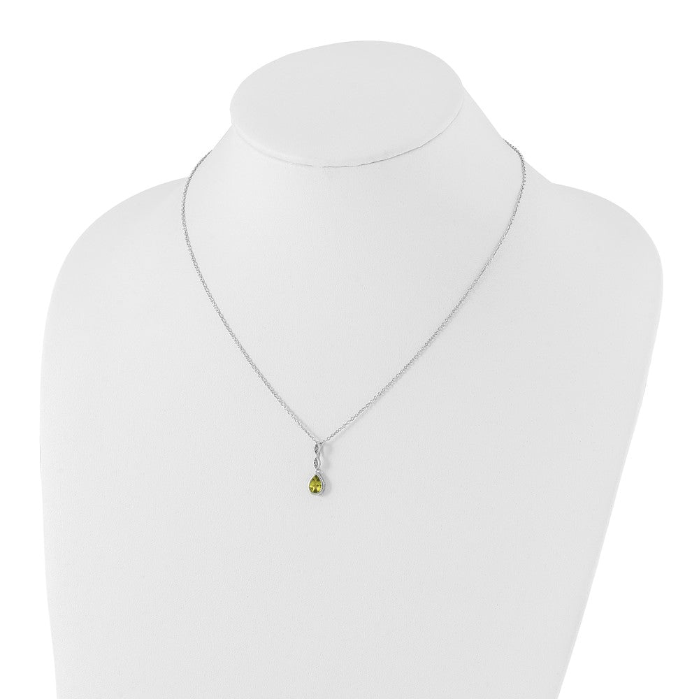 Sterling Silver Rhodium Plated White Ice .01 Ct. Diamond and Peridot w/2IN Ext. Necklace