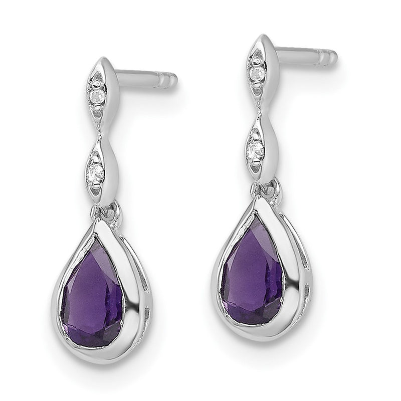 Sterling Silver Rhodium Plated White Ice .01 Ct. Diamond and Amethyst Post Earrings