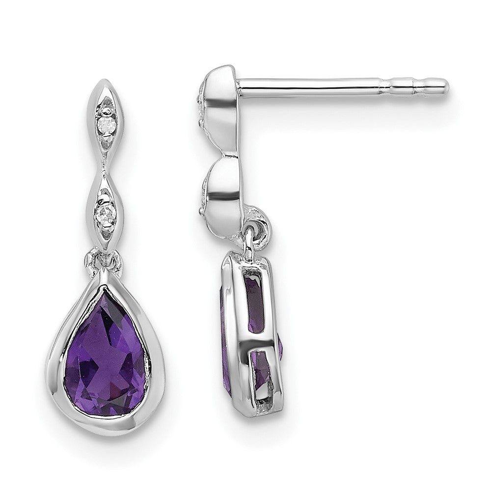 Sterling Silver Rhodium Plated White Ice .01 Ct. Diamond and Amethyst Post Earrings