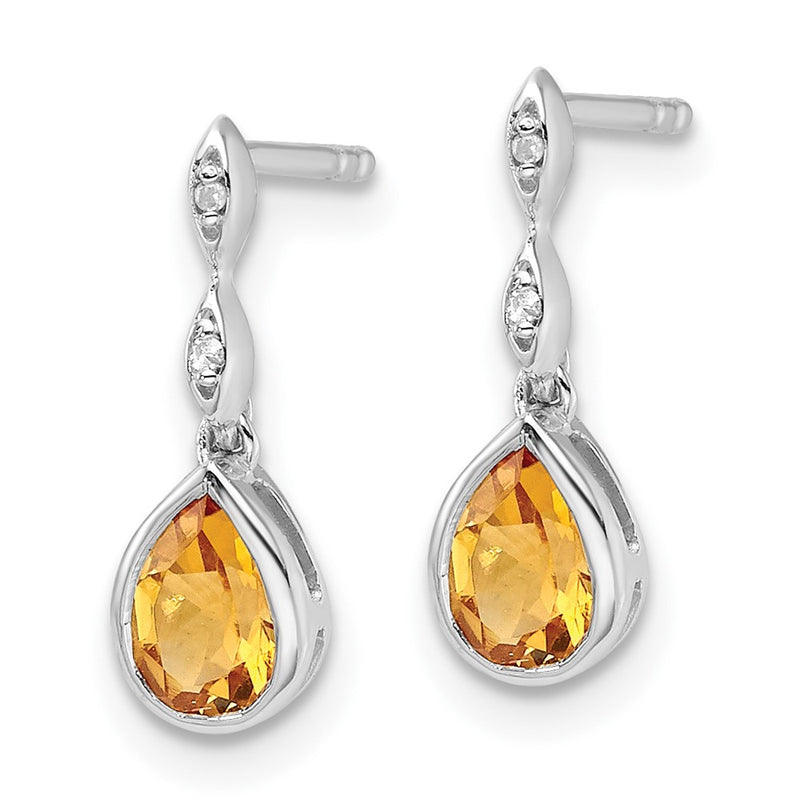 Sterling Silver Rhodium Plated White Ice .01 Ct. Diamond and Citrine Post Earrings
