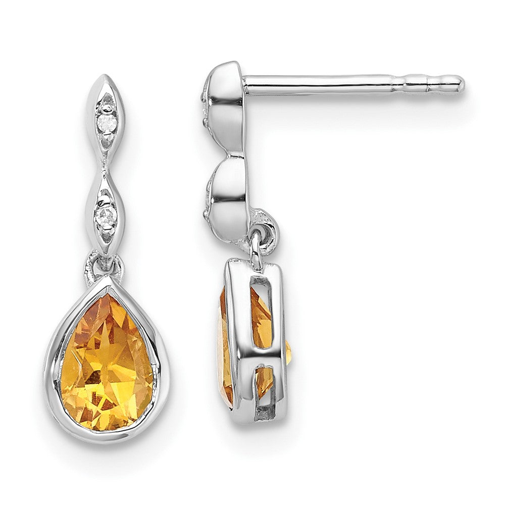 Sterling Silver Rhodium Plated White Ice .01 Ct. Diamond and Citrine Post Earrings