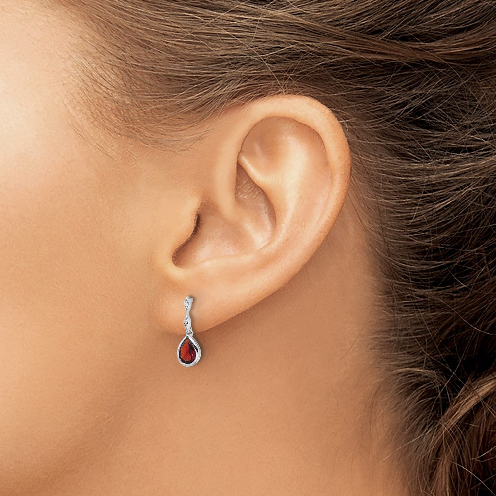Sterling Silver Rhodium Plated White Ice .01 Ct. Diamond and Garnet Post Earrings