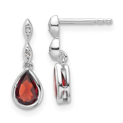 Sterling Silver Rhodium Plated White Ice .01 Ct. Diamond and Garnet Post Earrings
