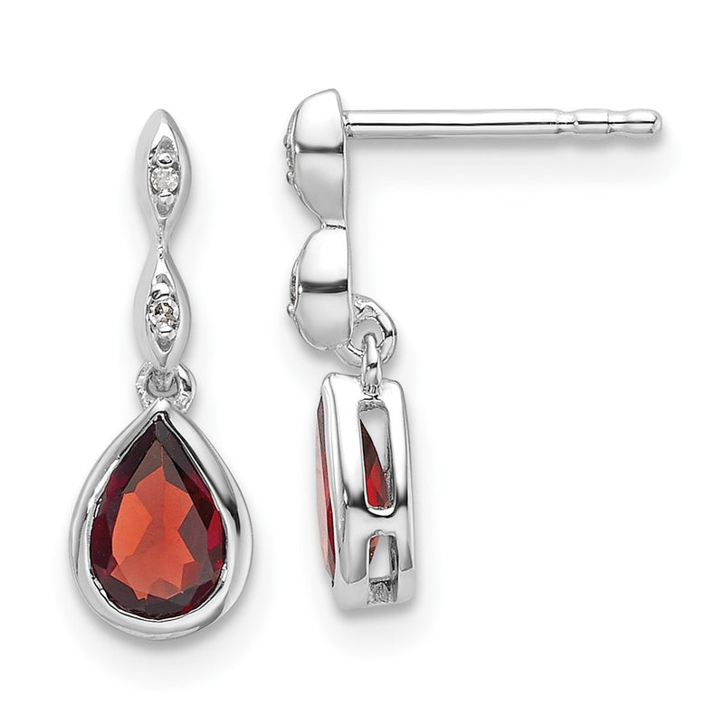 Sterling Silver Rhodium Plated White Ice .01 Ct. Diamond and Garnet Post Earrings