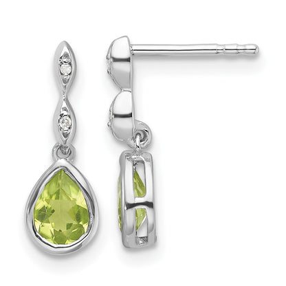 Sterling Silver Rhodium Plated White Ice .01 Ct. Diamond and Peridot Post Earrings