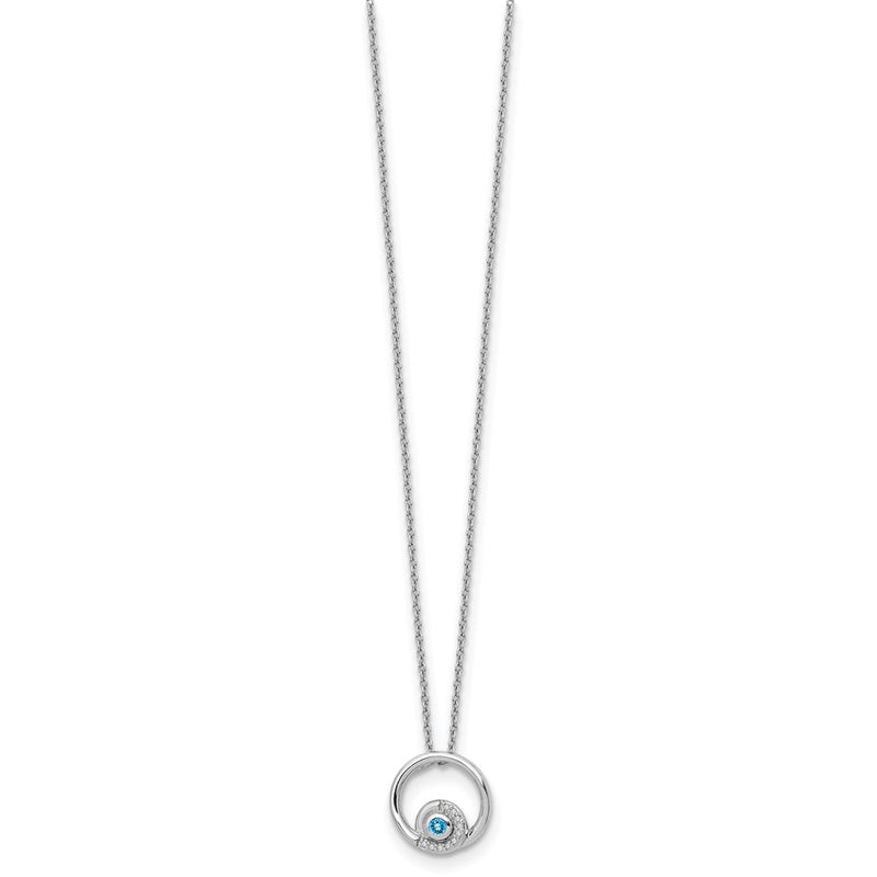 Sterling Silver White Ice Rhodium-Plated 18 Inch Blue Topaz And Diamond Necklace With 2 Extender