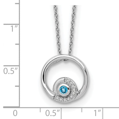 Sterling Silver White Ice Rhodium-Plated 18 Inch Blue Topaz And Diamond Necklace With 2 Extender