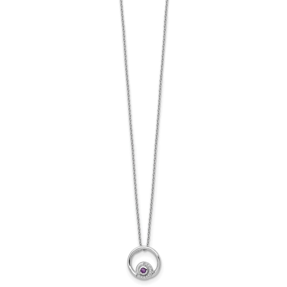 Sterling Silver Rhodium Plated White Ice .05ct. Dia. & Amethyst w/2IN Ext Neckla