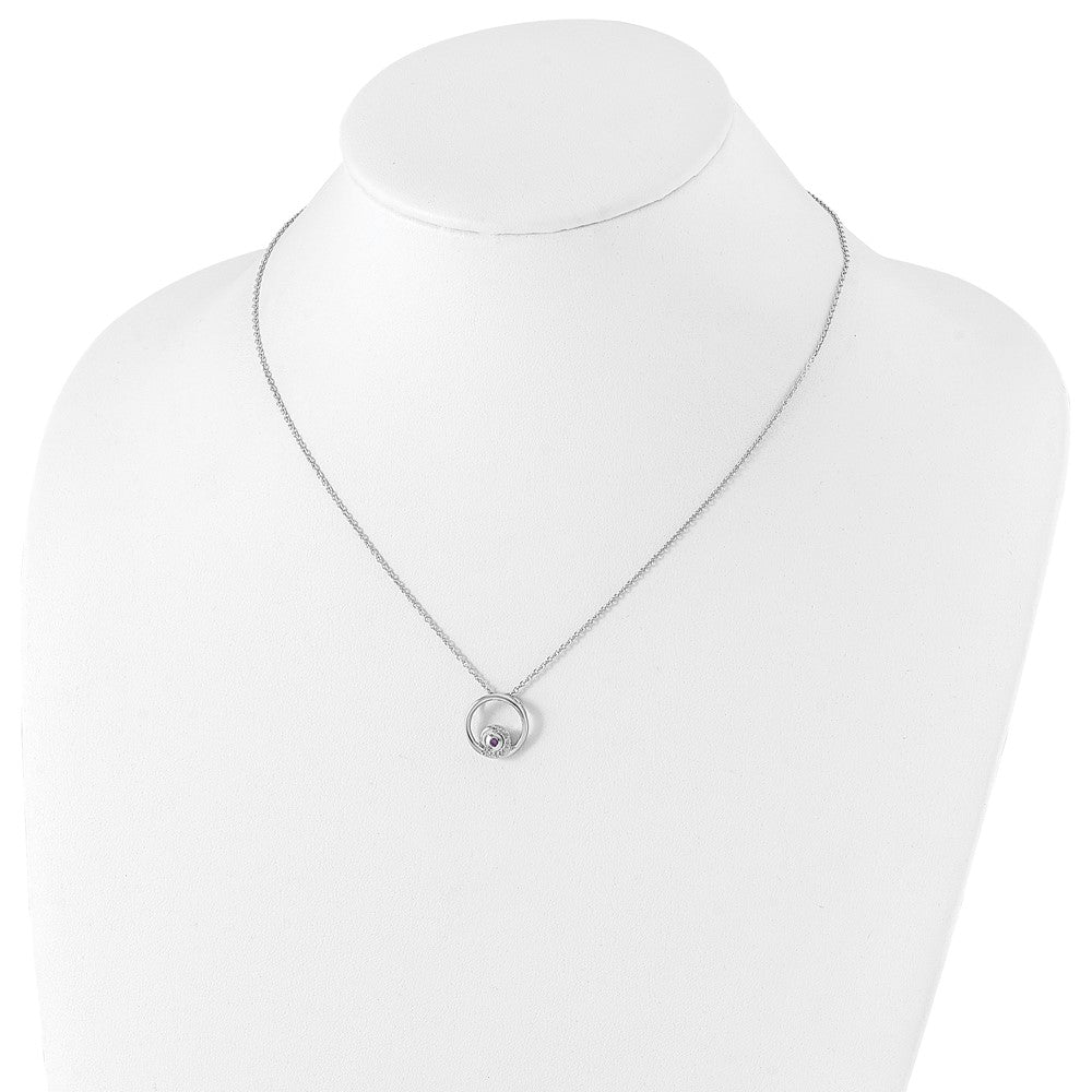 Sterling Silver Rhodium Plated White Ice .05ct. Dia. & Amethyst w/2IN Ext Neckla