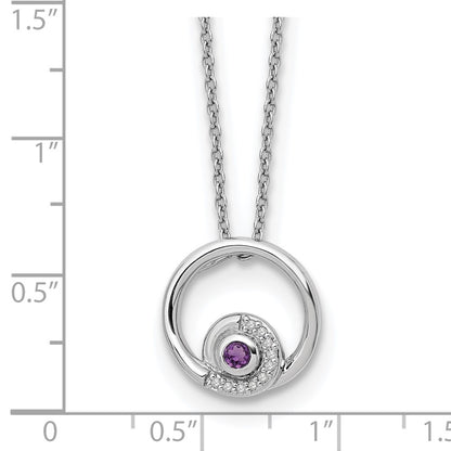 Sterling Silver Rhodium Plated White Ice .05ct. Dia. & Amethyst w/2IN Ext Neckla