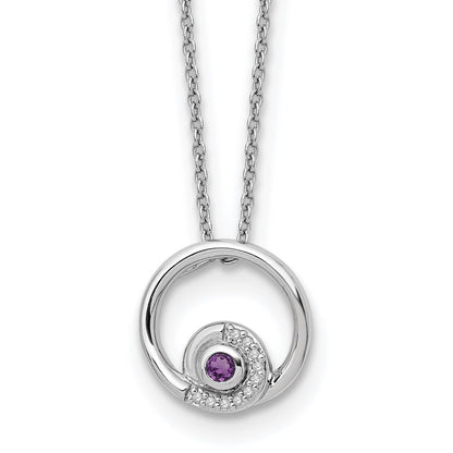 Sterling Silver Rhodium Plated White Ice .05ct. Dia. & Amethyst w/2IN Ext Neckla