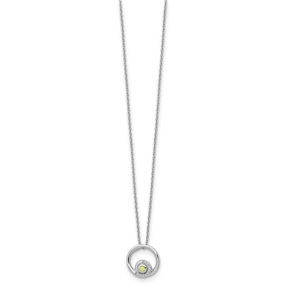 Sterling Silver Rhodium Plated White Ice .05ct. Diamond & Peridot w/2IN Ext Neck
