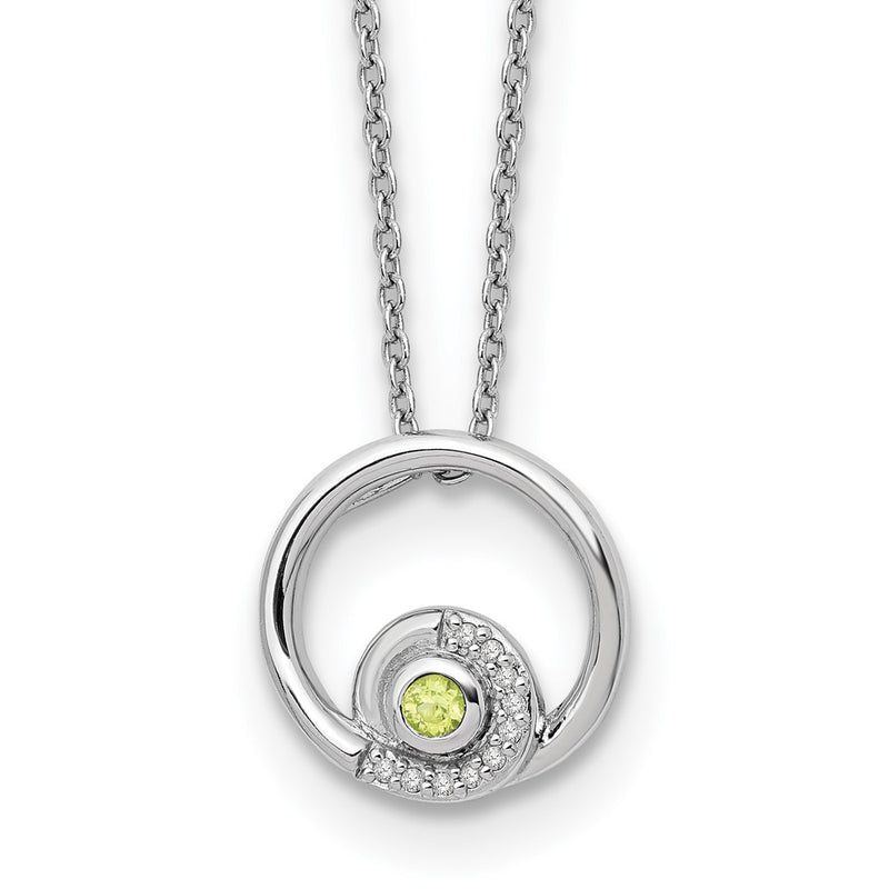 Sterling Silver Rhodium Plated White Ice .05ct. Diamond & Peridot w/2IN Ext Neck