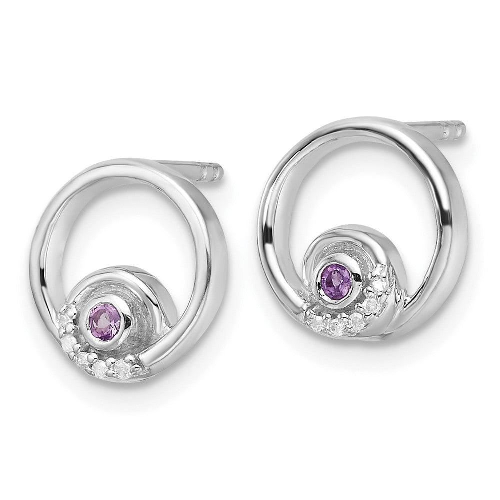 Sterling Silver Rhodium Plated White Ice .03ct. Dia. and Amethyst Post Earrings