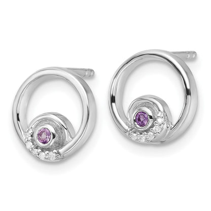 Sterling Silver Rhodium Plated White Ice .03ct. Dia. and Amethyst Post Earrings